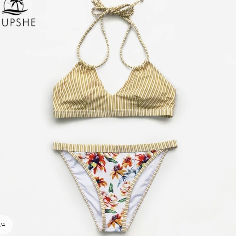 NEW w Tags Tropical sexy bikini adjustable drawstring halter stripes and flowers